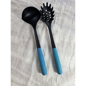 Cuisinart 2 Piece Kitchen Utensil Set Soup Ladle Spaghetti Server Blue Handle